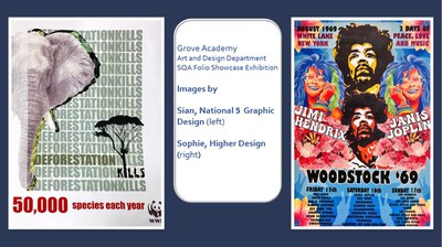 Two digital graphic posters. One against deforestation showing an elephant and tress and one showing musicians and Woodstock lineup