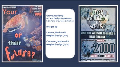 Two digital graphic posters. One against ocean pollution showing turtles and one statistics of climate change.